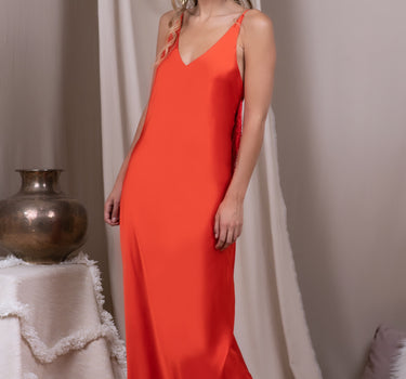 Vestido Diana naranjo con flecos rojos